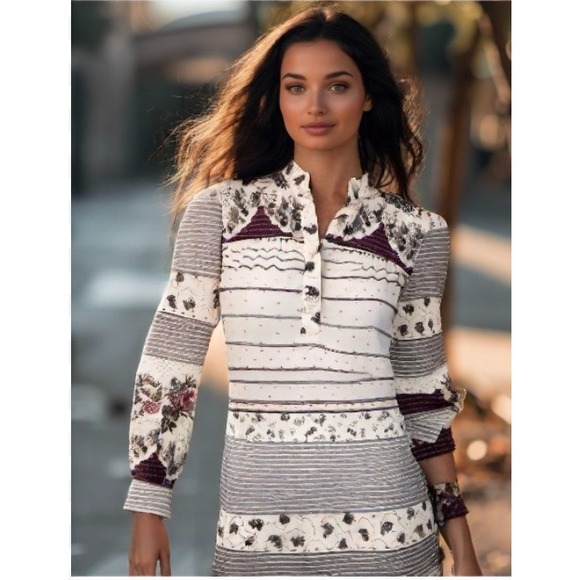 Vintage Boho Dress Tunic Floral Buttons Split Side Long Sleeve Ivory Size Small - Picture 1 of 9
